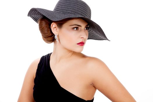 glamour woman with black hat and red lips portrait isolated on white