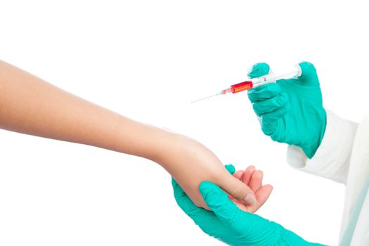 Doctor giving an injection to patient. Isolated on white background