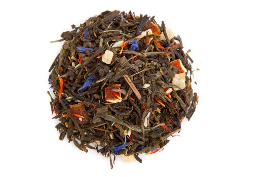tea with flower petals, on white background.