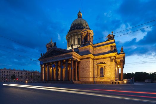 The most famous symbol of St. Petersburg - St. Isaac's Cathedral on a white night. Russia. Photograph taken with the tilt-shift lens, vertical lines of architecture preserved