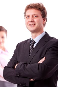 business man portrait business woman in background isolated on white 