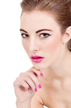 beautiful brunette woman with pink lips isolated on white background