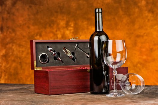 Wine set with bottle and two glasses