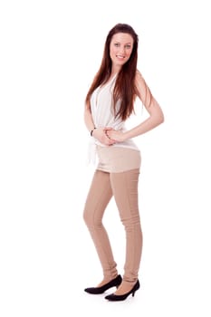 brunette woman in casual outfit is smiling portrait isolated on white background