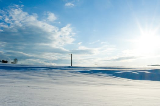 beautiful sunny landscape in winter with blue sky and snow