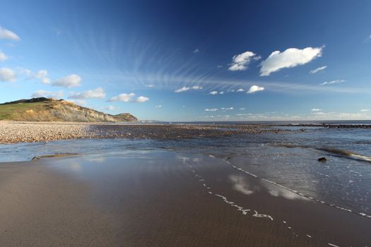 Charmouth beach at sunset looking toward west bay