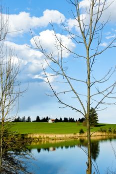 beutiful landscape in spring lake and forest with blue sky background
