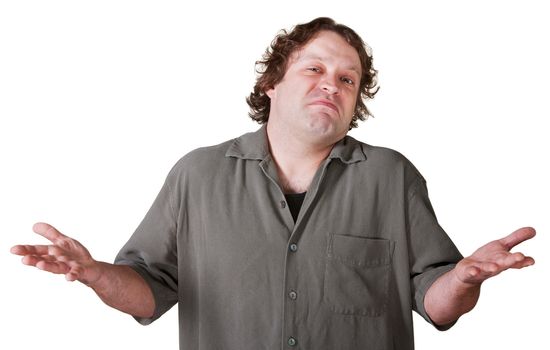 Indifferent young man with palms up over white background