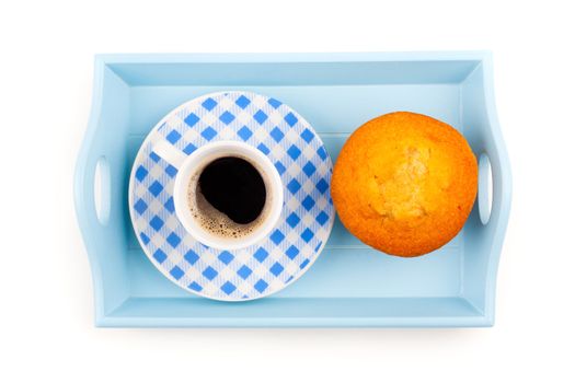 muffin with coffee cup, in a tray for breakfast. isolated on white background.