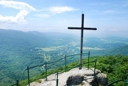 Jizerske mountains in the Czech Republic. View from the outlook point with a cross