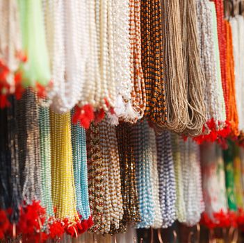 Indian beads in local market in Pushkar. Rajasthan, India, Asia.