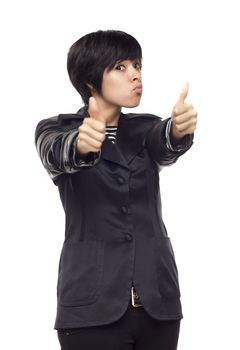 Happy Young Mixed Race Woman With Two Thumbs Up Isolated on a White Background.