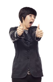 Happy Young Mixed Race Woman With Two Thumbs Up Isolated on a White Background.