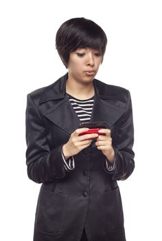 Attractive and Expressive Mixed Race Woman with Cell Phone Isolated on a White Background.