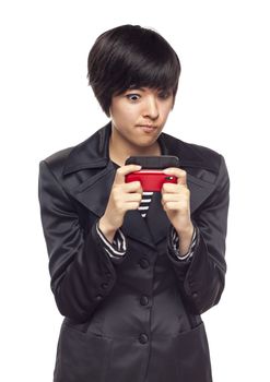Attractive and Expressive Mixed Race Woman with Cell Phone Isolated on a White Background.