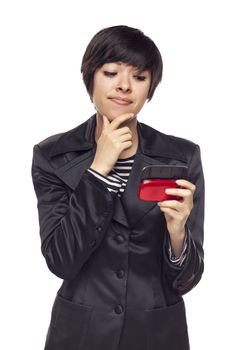 Attractive and Expressive Mixed Race Woman with Cell Phone Isolated on a White Background.