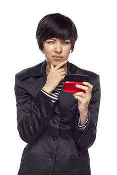 Attractive and Expressive Mixed Race Woman with Cell Phone Isolated on a White Background.