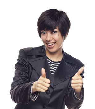 Happy Young Mixed Race Woman With Two Thumbs Up Isolated on a White Background.