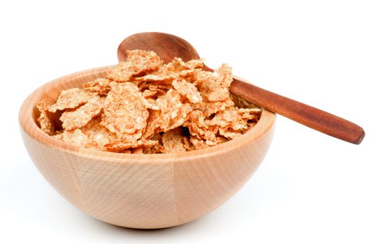 Flakes Breakfast Cereal in Wood Bowl with Wood Spoon isolated on white background