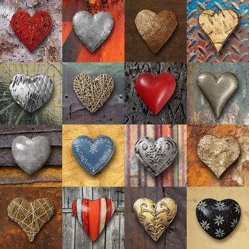 Photos of heart-shaped things made of stone, metal and wood on different backgounds.