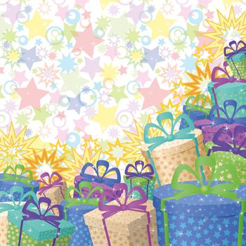 Holiday background with a pattern of festive gift boxes and stars. , contains transparencies.