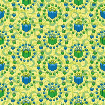 Holiday seamless background with a pattern of festive gift boxes, flowers and circles.