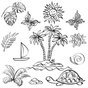 Set of the objects represent summer, exotic and a beach, black contour on white background.