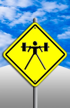 Weight-lifting  icon in traffic plate isolated on sky background.