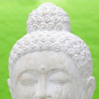 Cut out of the head of a yoga meditating statue on green background, close up