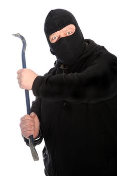 Dangerous masked man wielding a crowbar intent on robbery, housebreaking, hooliganism or causing bodily harm isolated on white