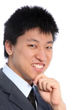 Close up portrait of smiling asian man on white background