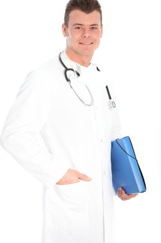 Confident handsome young male doctor standing with his hand in the pocket of his labcoat and a file under his arm isolated on white