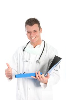 Happy male doctor holding an open file with patient records in his hand giving a thumbs up gesture of success, approval and hope isolated on white
