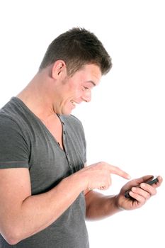 Man pointing at his smartphone in excitement as he reads a message on the screen isolated on white