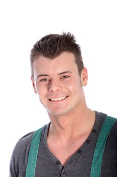 Handsome smiling man in braces looking at the camera, head and shoulders portrait isolated on white