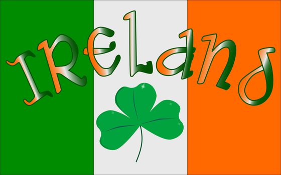 The Republic of Ireland flag with the text IRELAND and a lucky shamrock, a symbol of the Irish people.