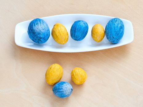 brown and blue nuts lying in a row on a plate