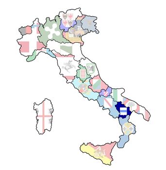 basilicata region on administration map of italy with flags