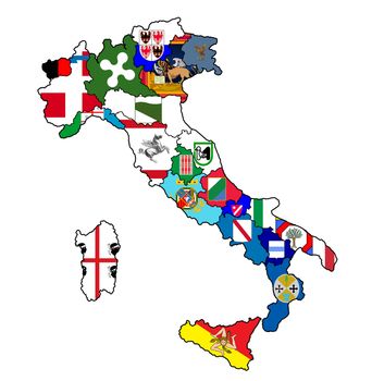 all regions on administration map of italy with flags