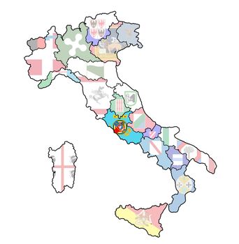 lazio region on administration map of italy with flags