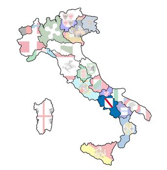 campania region on administration map of italy with flags