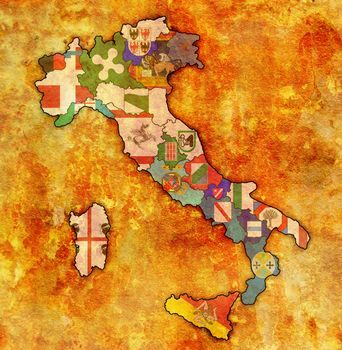 all regions on administration map of italy with flags