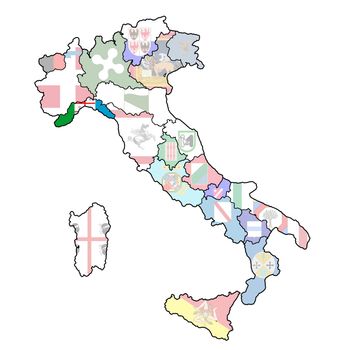 liguria region on administration map of italy with flags