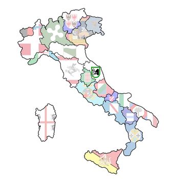 marche region on administration map of italy with flags