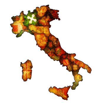 lombardy region on administration map of italy with flags