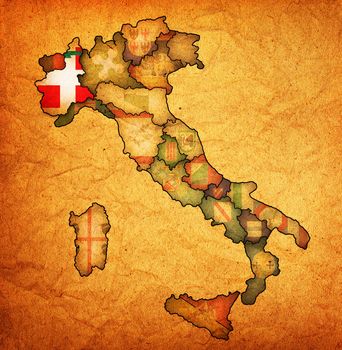 piedmont region on administration map of italy with flags