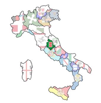 umbria region on administration map of italy with flags