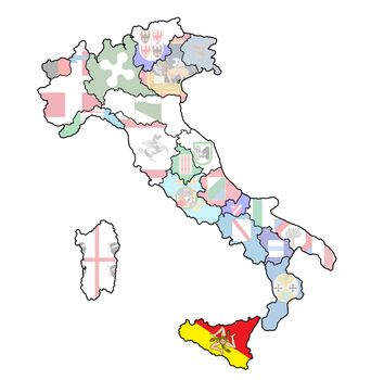 sicily region on administration map of italy with flags