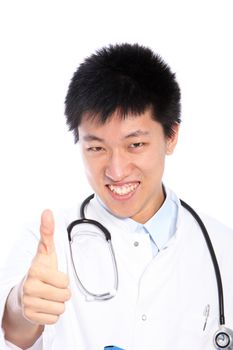 Positive asian doctor showing thumb up isolated on white