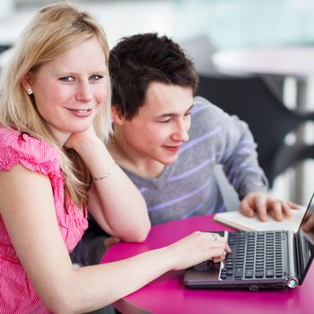 Two college students having fun studying together, using a laptop computer on campus, between classes (shallow DOF, color toned image)